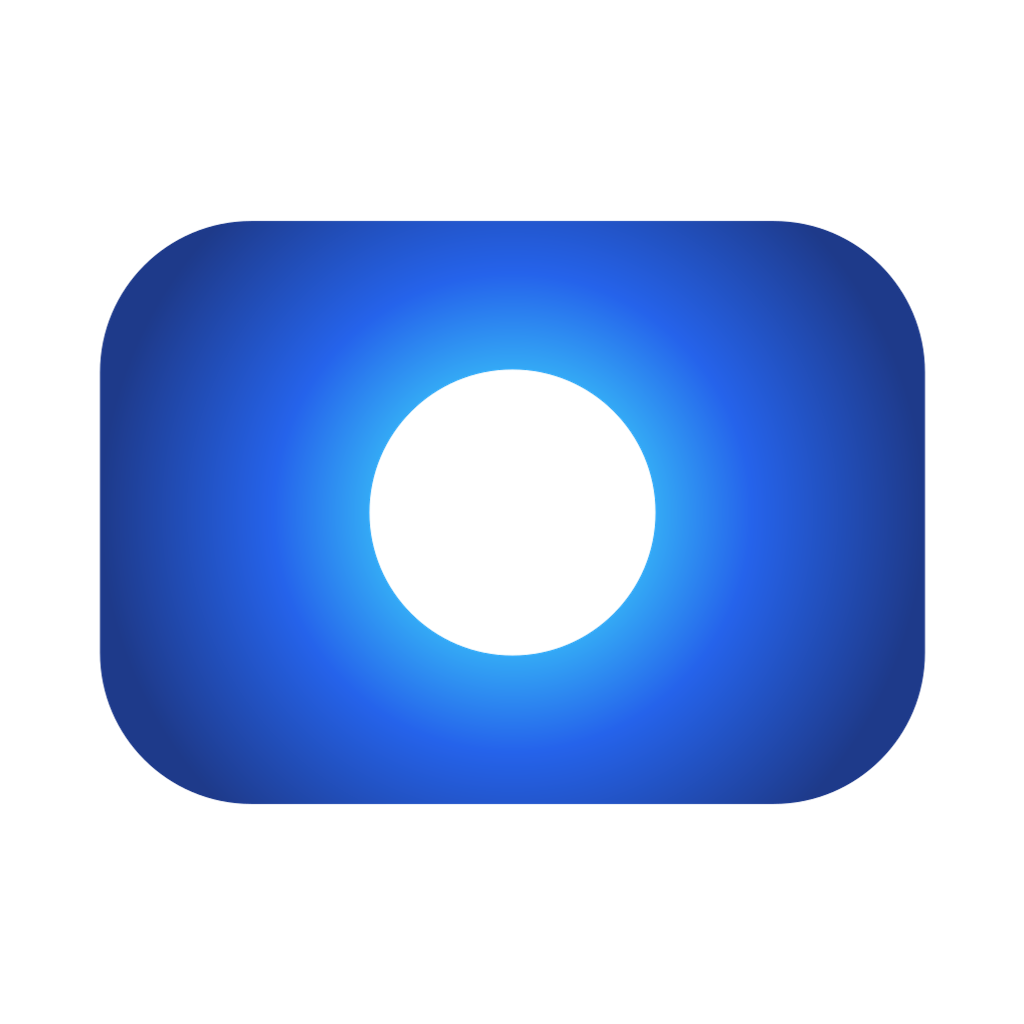 The OhRec mark: a blue video frame with a glowing record disc in the center — a live camera on a screen.