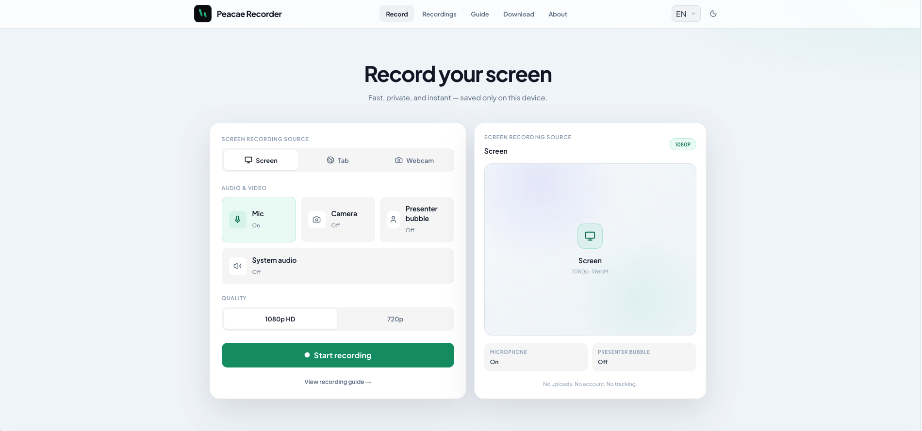 OhRec web setup with screen source, microphone toggle, quality options, and live preview.